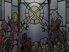 The battle between William and Kain, memorialised in the stained glass of the Sarafan Stronghold