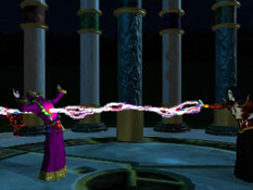 Mortanius impales Anarcrothe through the chest with a magical lightning-like attack