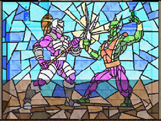 The stained glass ceiling depicting Vorador fighting Malek