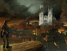 Concept art of Raziel approaching Avernus in Defiance. Avernus is burning, but the Cathedral is intact in the middle of it all