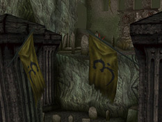 The first part of the Necropolis: a graveyard beyond two gold-coloured Melchahim flags