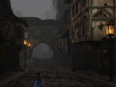 The ruined village of Uschtenheim in Soul Reaver 2 lit by a lightning flash